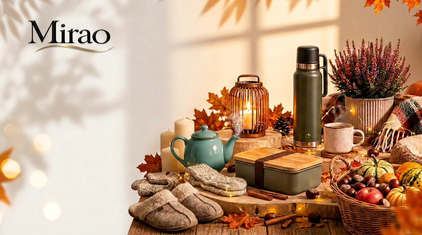 Composición otoñal de Mirao: termo, farol, taza y zapatillas calentitas sobre una mesa de madera